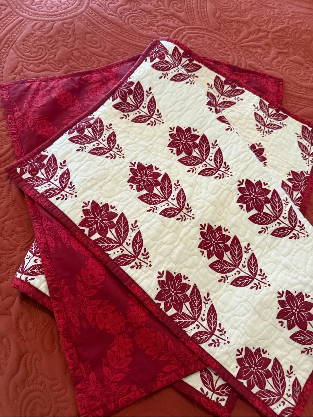 St. Nicholas Square Poinsettia Quilted Pillow Shams Red Cream Cottage Christmas
